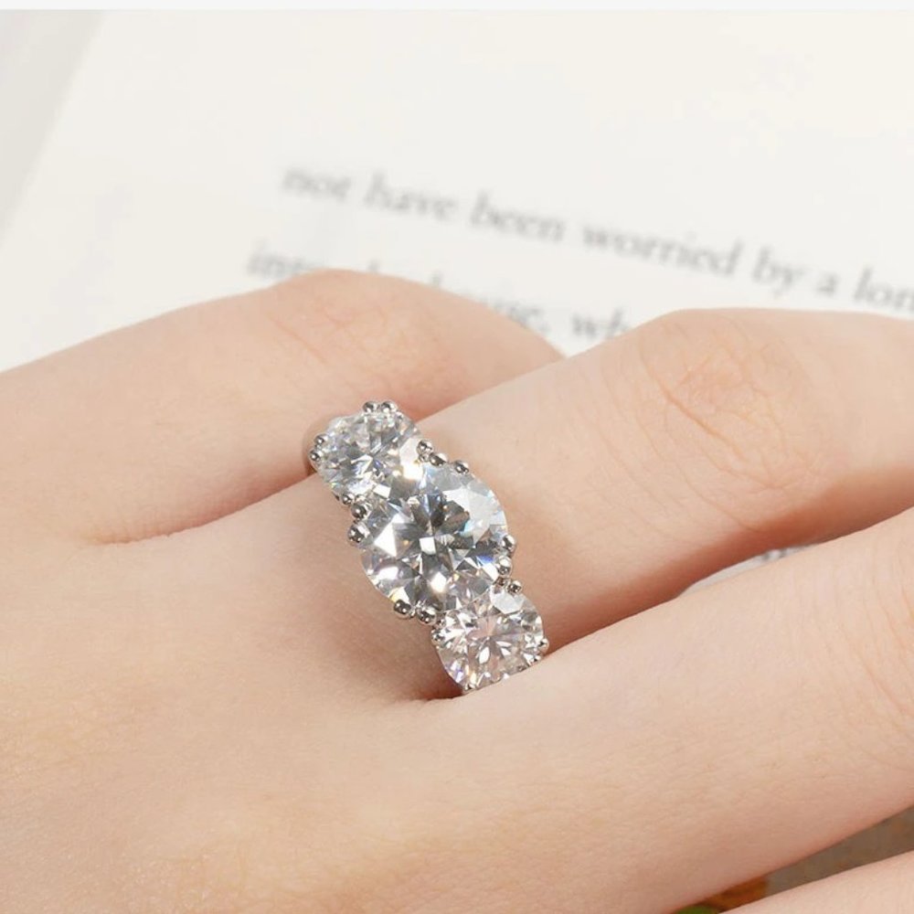 5 Carats - 3 Stone Engagement Ring Certified Moissanite Diamonds Sterling Silver